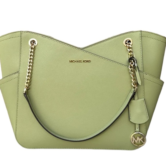 Michael Kors Jet Set Travel Large Chain Shoulder Tote Leather MK Signature PVC - Picture 1 of 9